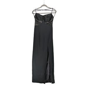 Niteline by Nahdree Beaded Formal Dress 6 Black Strappy Evening Slit Sequin Maxi